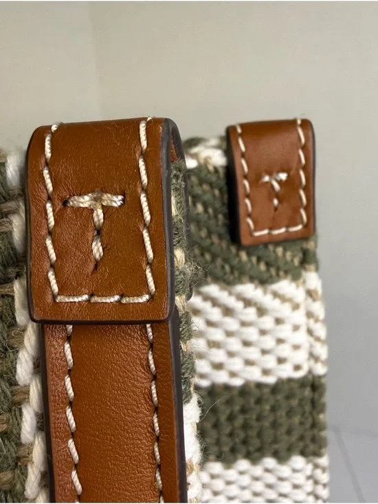 Tory Burch Blake Grove Green & White Striped Canvas Tote Cognac Leather Trim - Picture 12 of 14